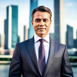 A professional and authoritative businessman wearing a well-tailored suit and tie, with a confident pose in front of a modern city skyline.