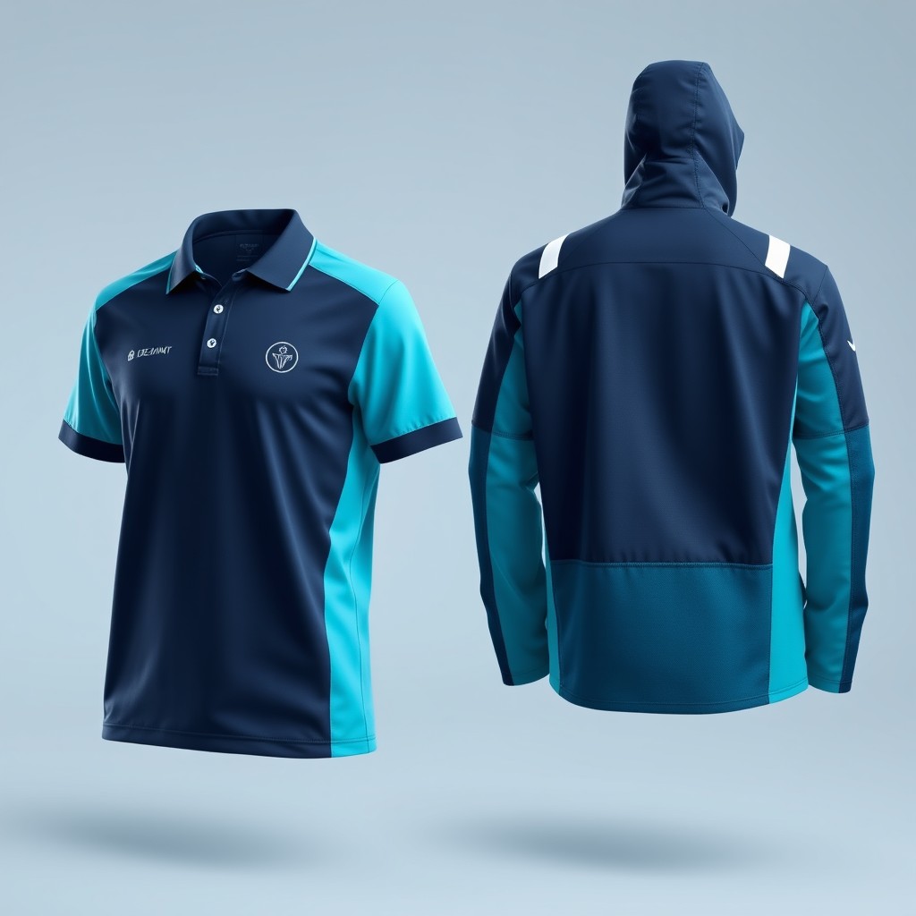 A modern professional uniform design for a corporate field team, featuring a turquoise blue and navy blue color palette with clean and elegant contrasts