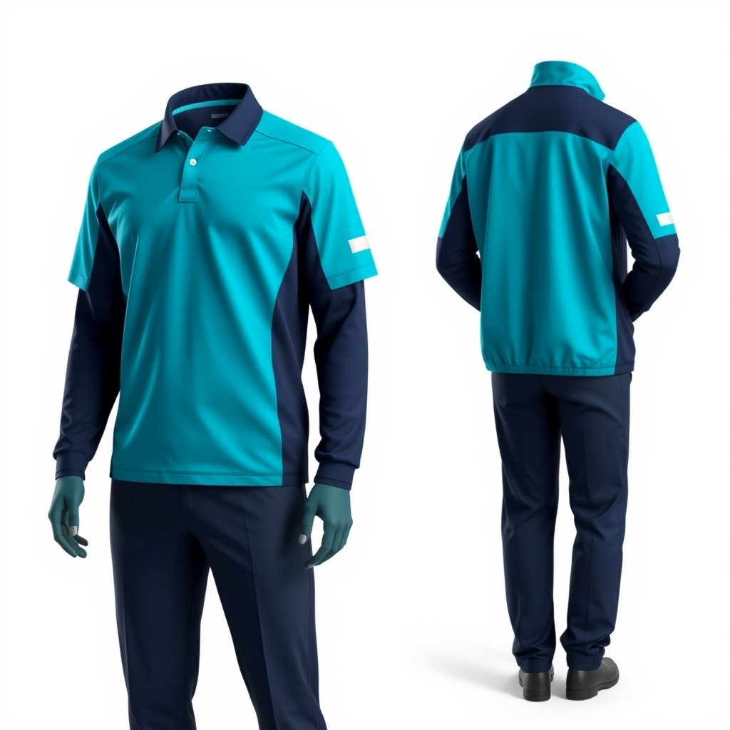 A modern professional uniform design for a corporate field team featuring a turquoise blue and navy blue color palette, with clean and elegant contrasts