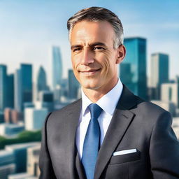 A professional and authoritative businessman wearing a well-tailored suit and tie, with a confident pose in front of a modern city skyline.