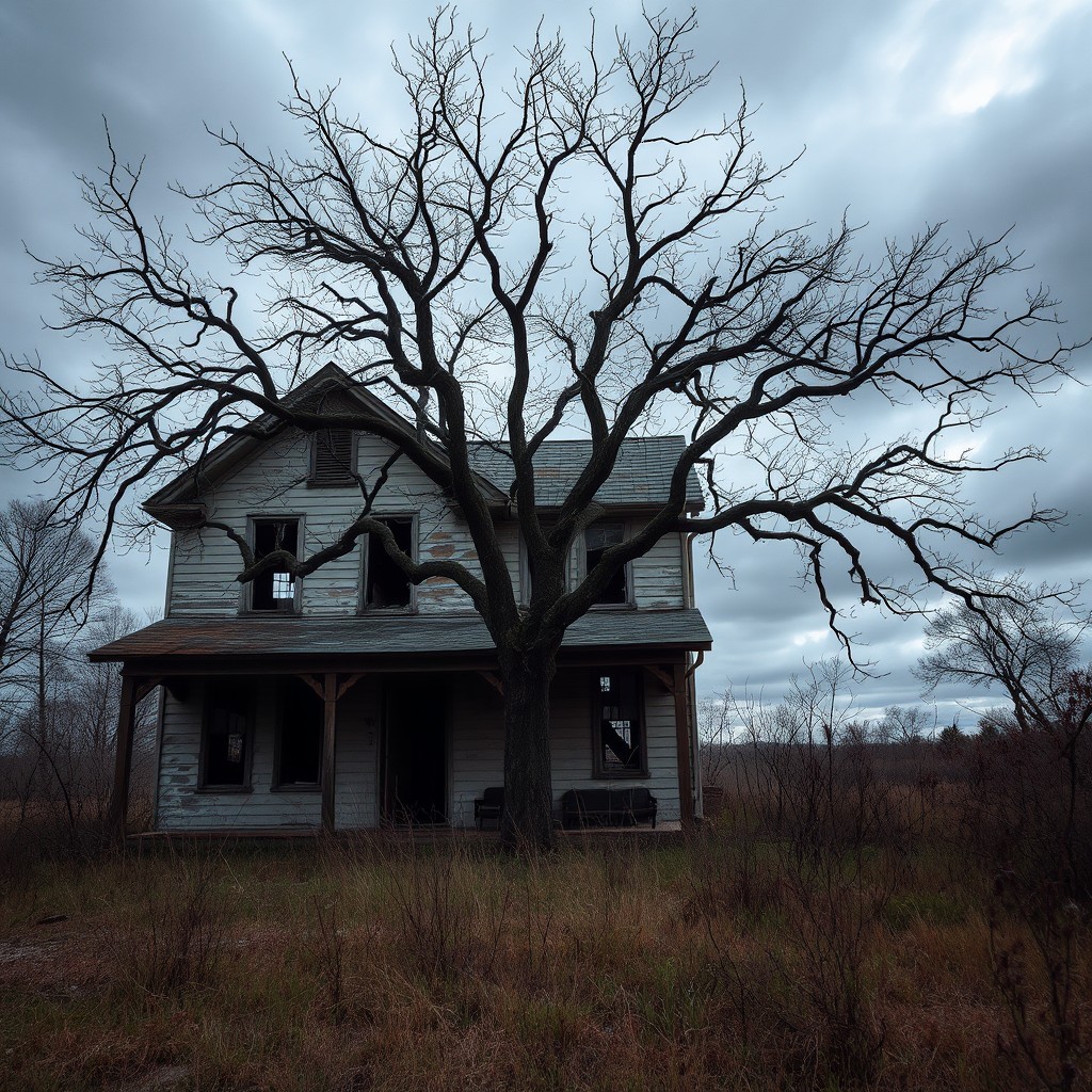 An abandoned house with a dilapidated exterior, featuring broken windows and peeling paint