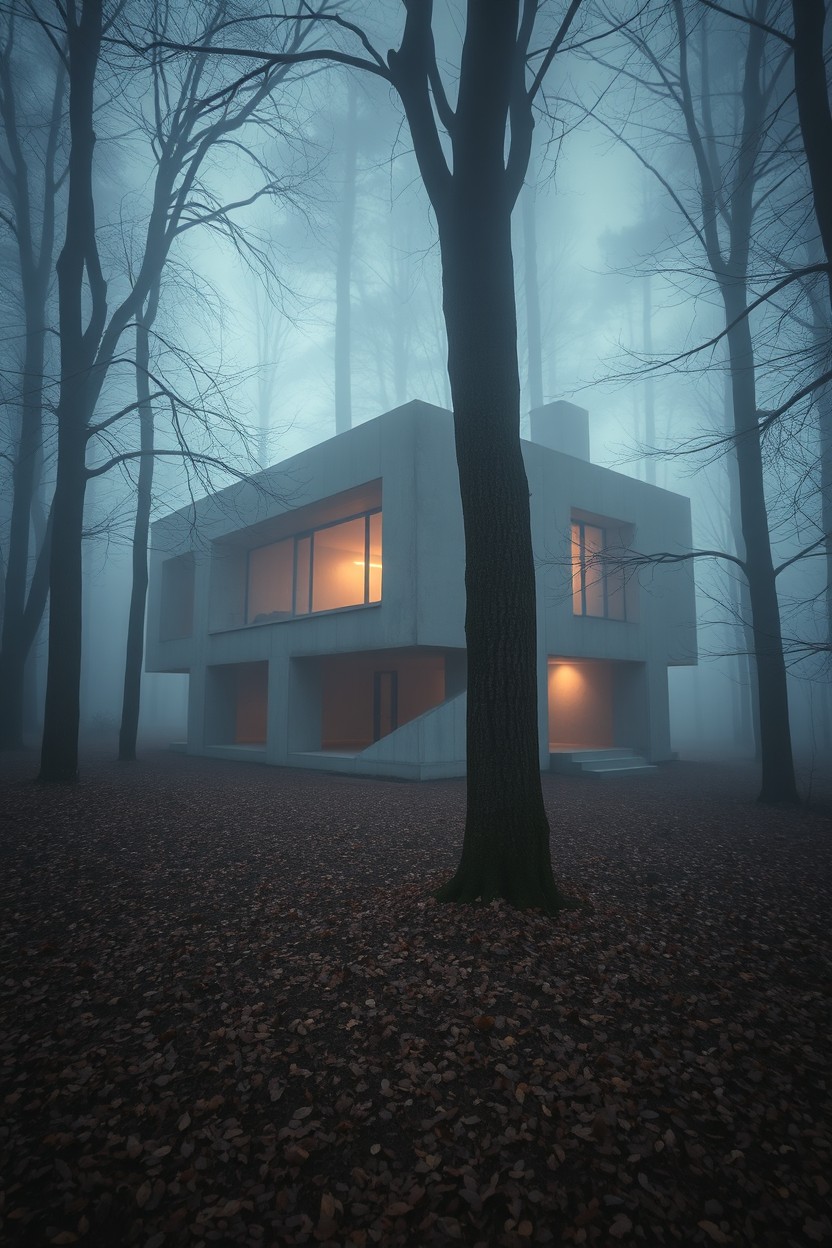 An abandoned house featuring brutalist architecture, nestled among trees in a foggy wood during the evening