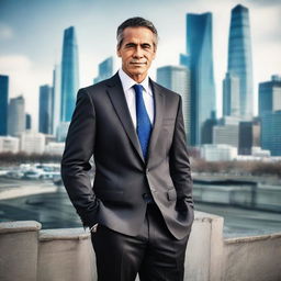 A professional and authoritative businessman wearing a well-tailored suit and tie, with a confident pose in front of a modern city skyline.