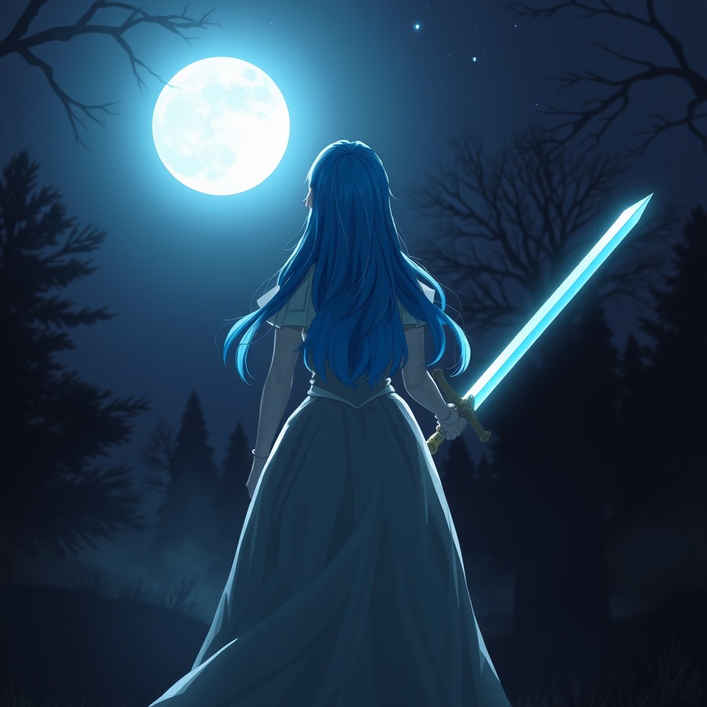 A princess with blue hair, seen from the back, holding a sword, standing in a dark, nighttime setting