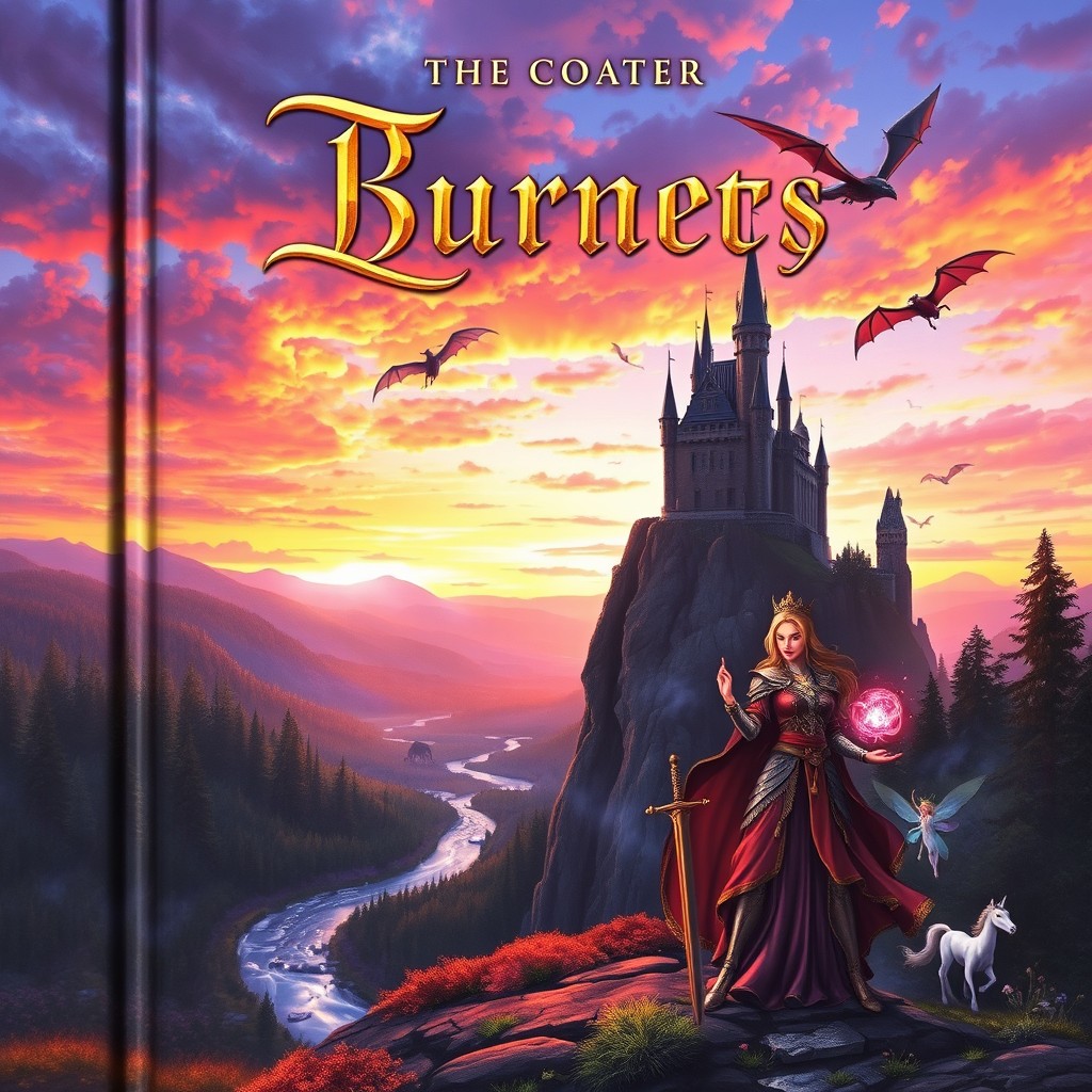 A fantasy book cover featuring a mystical landscape with a towering castle on a cliff, surrounded by deep forests and a sparkling river winding through the valley