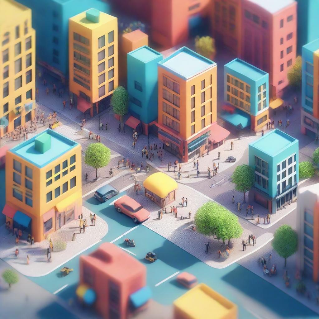 A 3D rendering of a vibrant city brimming with people actively participating in their daily routines.