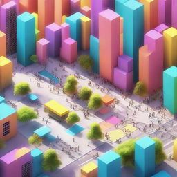 A 3D rendering of a vibrant city brimming with people actively participating in their daily routines.