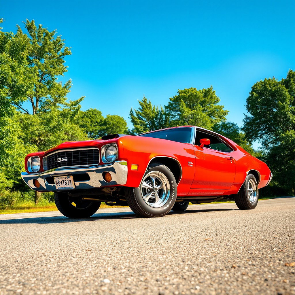 A stunning vintage muscle car from the year 1972, showcasing its aggressive lines and powerful stance