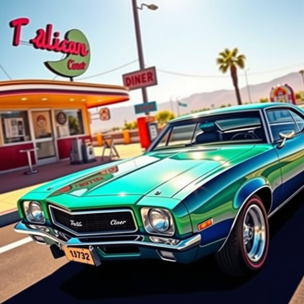 A striking representation of a 1972 automobile with a vibrant color palette, showcasing its iconic design elements such as sharp edges, a sleek silhouette, and vintage chrome detailing