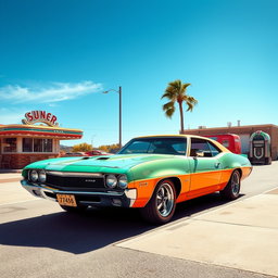A striking representation of a 1972 automobile with a vibrant color palette, showcasing its iconic design elements such as sharp edges, a sleek silhouette, and vintage chrome detailing