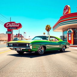 A striking representation of a 1972 automobile with a vibrant color palette, showcasing its iconic design elements such as sharp edges, a sleek silhouette, and vintage chrome detailing