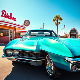 A striking representation of a 1972 automobile with a vibrant color palette, showcasing its iconic design elements such as sharp edges, a sleek silhouette, and vintage chrome detailing