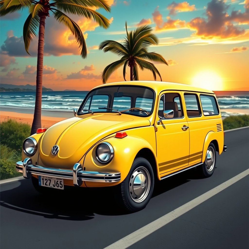 A beautifully detailed depiction of a 1972 Volkswagen (VW) Variant, showcasing its iconic design features such as the rounded body, distinctive headlights, and vintage stripes