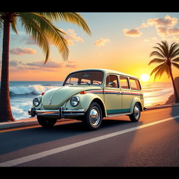 A beautifully detailed depiction of a 1972 Volkswagen (VW) Variant, showcasing its iconic design features such as the rounded body, distinctive headlights, and vintage stripes