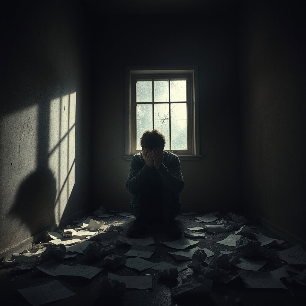 A powerful artistic representation of self-destructiveness and feelings of worthlessness, featuring a solitary figure sitting in a dimly lit room, surrounded by shattered glass and strewn papers with crumpled drawings