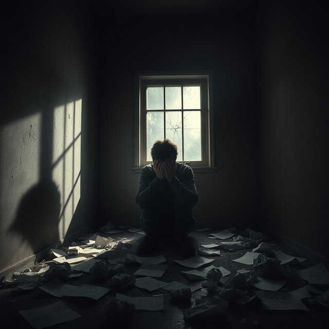 A powerful artistic representation of self-destructiveness and feelings of worthlessness, featuring a solitary figure sitting in a dimly lit room, surrounded by shattered glass and strewn papers with crumpled drawings