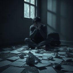 A powerful artistic representation of self-destructiveness and feelings of worthlessness, featuring a solitary figure sitting in a dimly lit room, surrounded by shattered glass and strewn papers with crumpled drawings