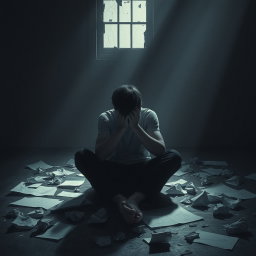 A powerful artistic representation of self-destructiveness and feelings of worthlessness, featuring a solitary figure sitting in a dimly lit room, surrounded by shattered glass and strewn papers with crumpled drawings