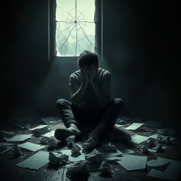 A powerful artistic representation of self-destructiveness and feelings of worthlessness, featuring a solitary figure sitting in a dimly lit room, surrounded by shattered glass and strewn papers with crumpled drawings