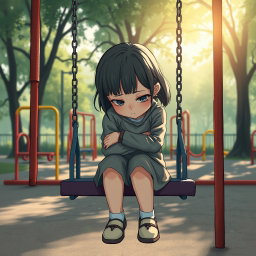 A poignant and emotional illustration of a young girl sitting alone on a playground swing, her head down and arms wrapped around her knees