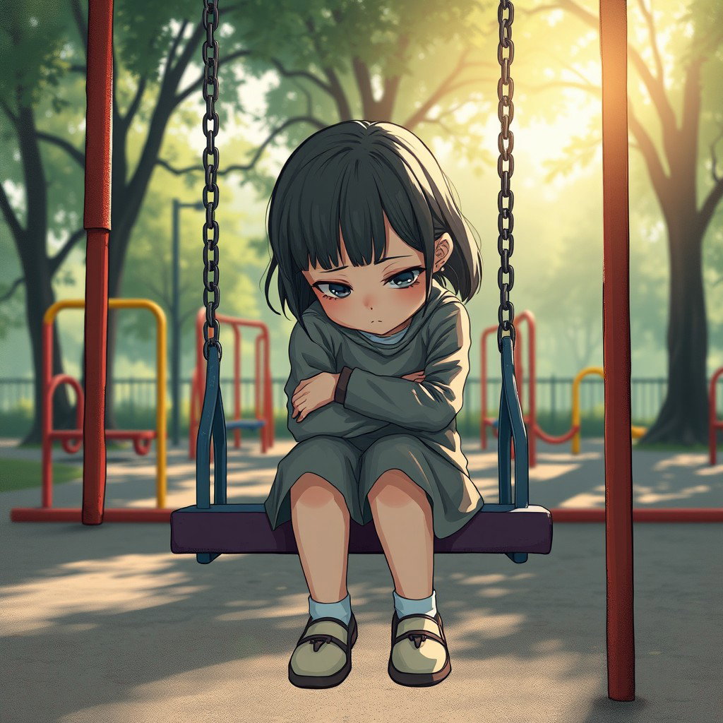 A poignant and emotional illustration of a young girl sitting alone on a playground swing, her head down and arms wrapped around her knees