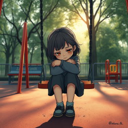 A poignant and emotional illustration of a young girl sitting alone on a playground swing, her head down and arms wrapped around her knees