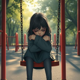 A poignant and emotional illustration of a young girl sitting alone on a playground swing, her head down and arms wrapped around her knees