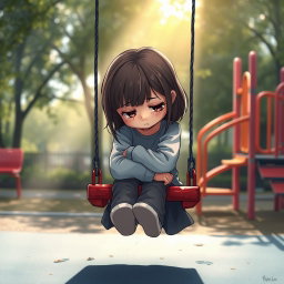 A poignant and emotional illustration of a young girl sitting alone on a playground swing, her head down and arms wrapped around her knees