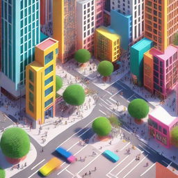 A 3D rendering of a vibrant city brimming with people actively participating in their daily routines.