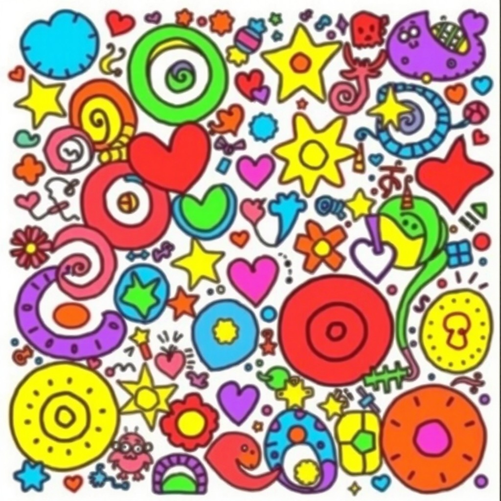 A vibrant and playful doodle featuring whimsical shapes, colorful patterns, and abstract designs