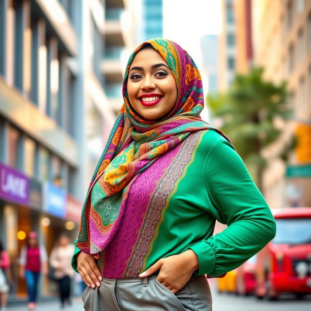A beautiful woman wearing a colorful hijab, showcasing her curvy figure and large hips