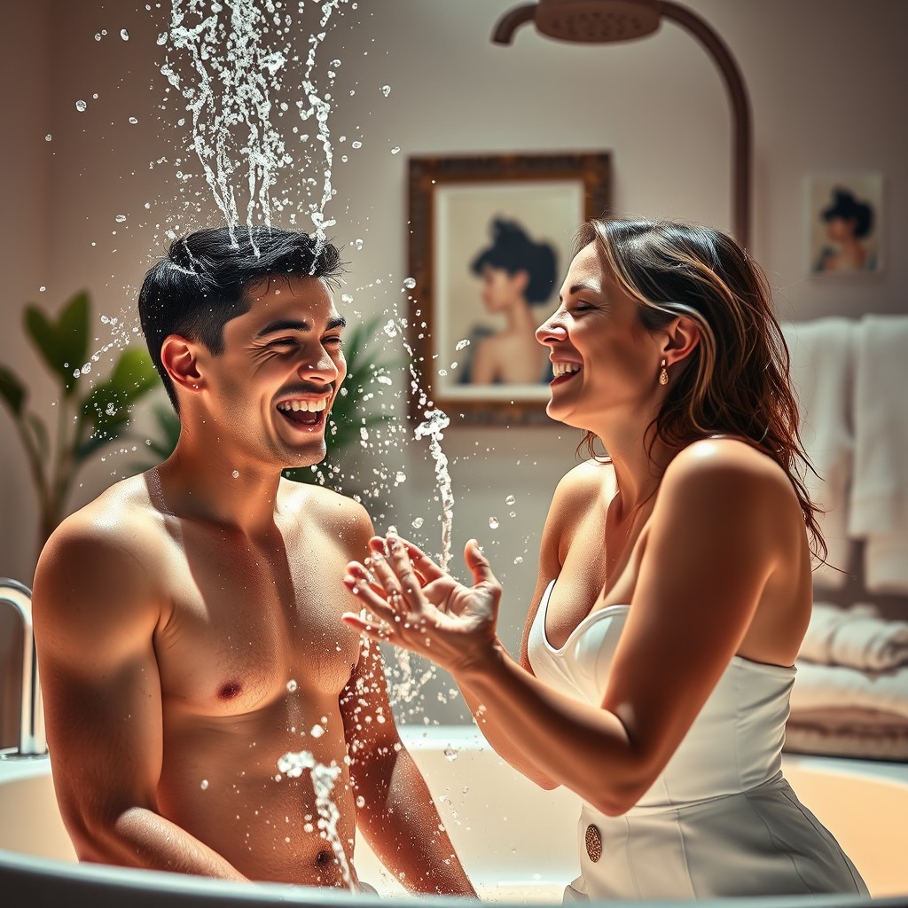 A surreal and imaginative scene depicting a young adult and his attractive mother in a playful, water-splashing moment in a beautifully designed bathroom, illuminated with soft, warm light