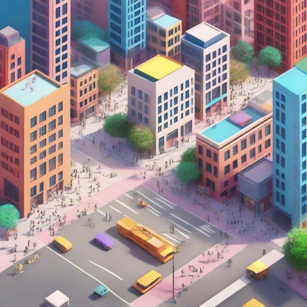 A 3D rendering of a vibrant city brimming with people actively participating in their daily routines.