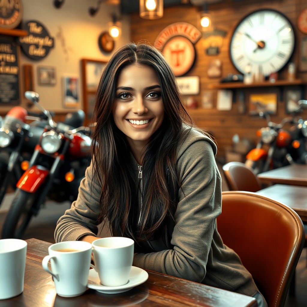 A beautiful olive-skinned Italian college girl sitting at a Motorcycles & Coffee cafe, wearing a stylish hoodie
