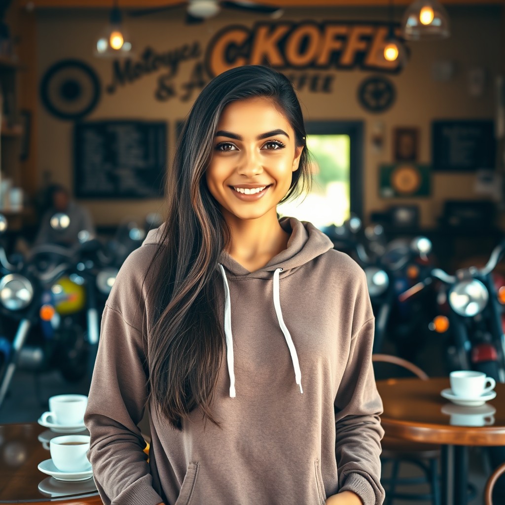 A beautiful olive-skinned Italian college girl standing in a Motorcycles & Coffee cafe, wearing a stylish hoodie