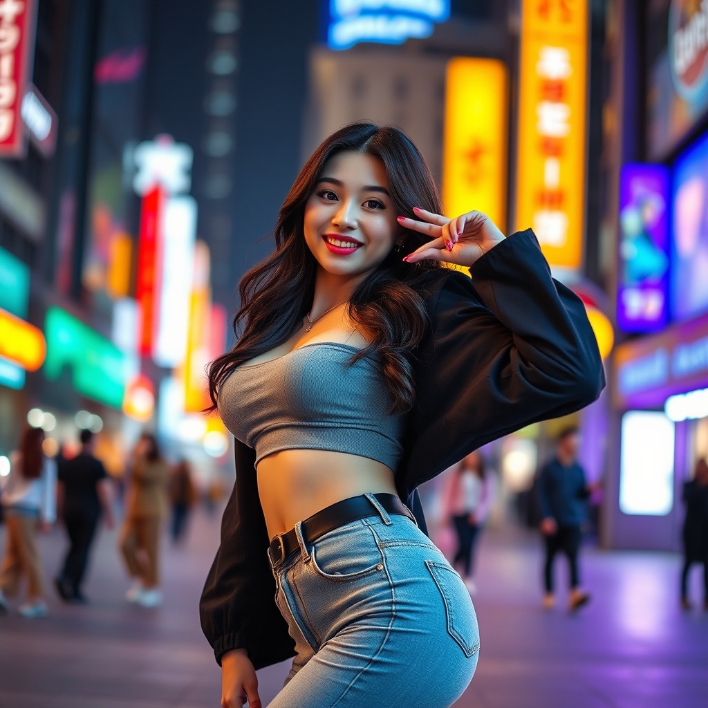 A confident Korean woman posing playfully, showcasing her figure in a stylish and tasteful manner