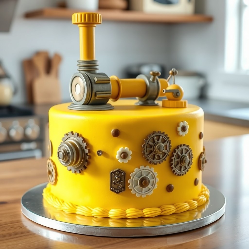 A whimsical 3D cake designed in vibrant yellow, featuring a prominent pipe integrated into the structure