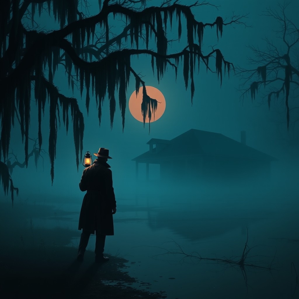 A dark, atmospheric scene inspired by the series 'True Detective', featuring a misty Louisiana bayou at dusk