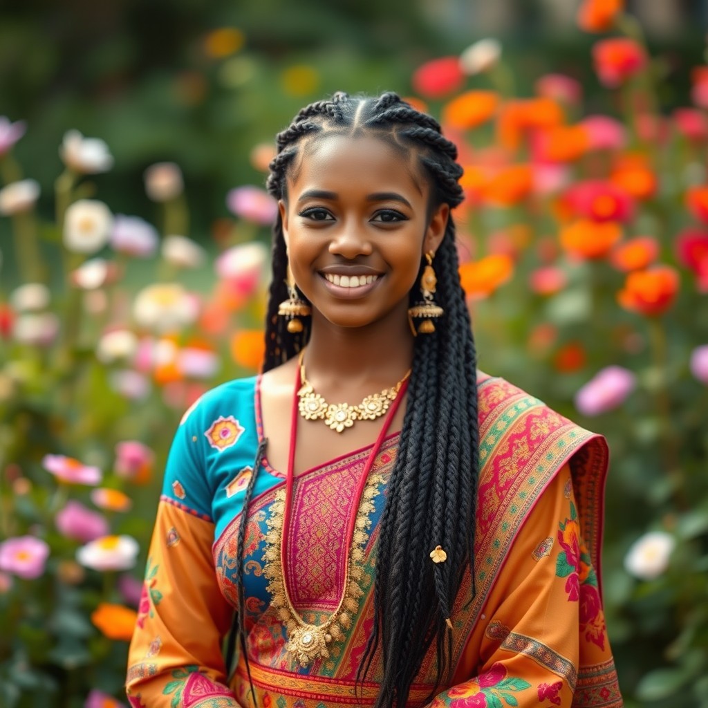 A beautiful 18-year-old African woman wearing a vibrant Indian dress, the outfit adorned with intricate embroidery and colorful patterns
