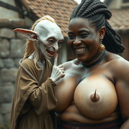 In a medieval village setting, an elderly female goblin, very small and albino with pure white skin, is portrayed with an emaciated body, sharp decayed teeth, and dressed in a long, fully-closed Buddhist robe