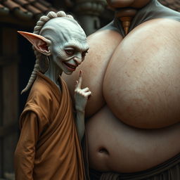 In a medieval village setting, an elderly female goblin, very small and albino with pure white skin, is portrayed with an emaciated body, sharp decayed teeth, and dressed in a long, fully-closed Buddhist robe