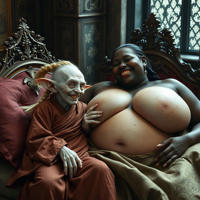 In a luxurious medieval noble's chamber, two figures are lying on an ornate bed