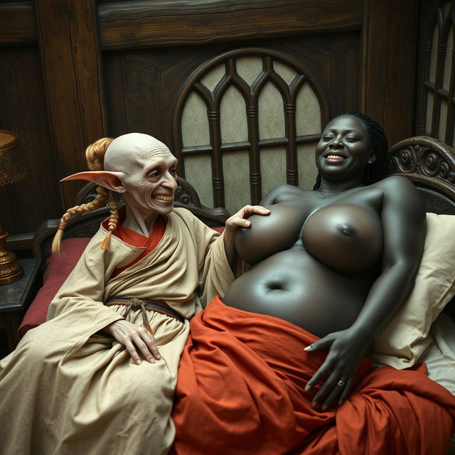 In a medieval bedroom, two characters are lying on a beautifully crafted bed