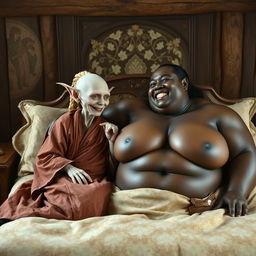 In a medieval bedroom, two characters are lying on a beautifully crafted bed