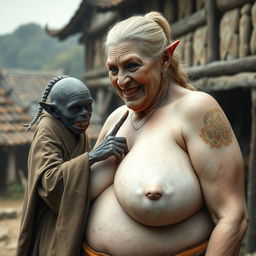 In a medieval village, an elderly black female goblin, very small and emaciated with sharp, decayed teeth, is dressed in a long, closed Buddhist robe