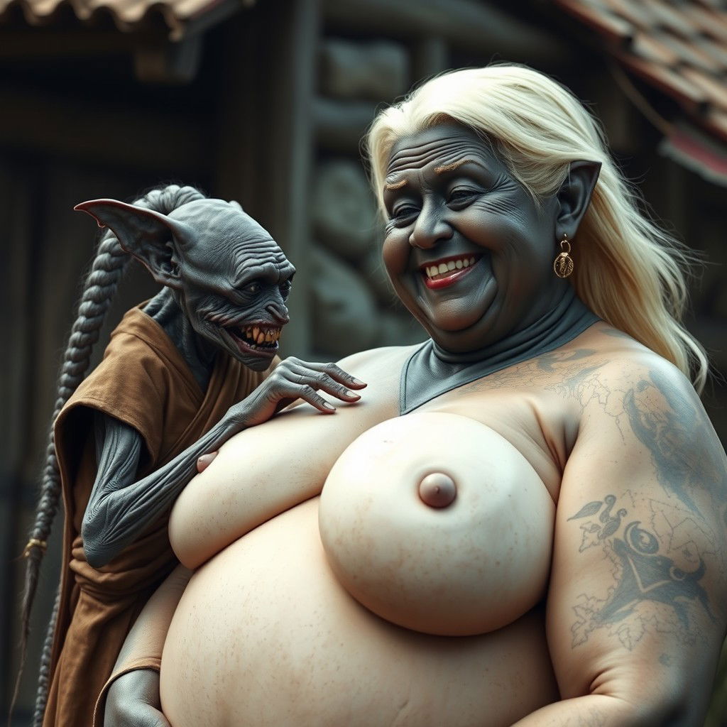 In a medieval village, an elderly black female goblin, very small and emaciated with sharp, decayed teeth, is wearing a long, closed Buddhist robe