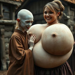 In a medieval village, a tiny young albino woman with completely white skin and an emaciated body shows decayed teeth