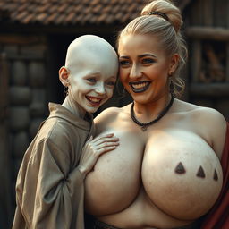 In a medieval village, a tiny young albino woman with completely white skin and an emaciated body shows decayed teeth