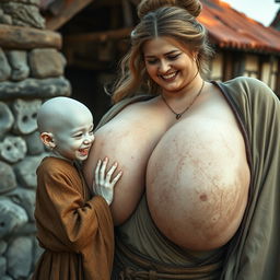 In a medieval village, a tiny young albino woman with completely white skin and an emaciated body shows decayed teeth