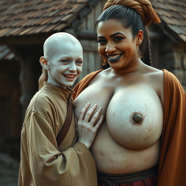 In a medieval village, a tiny young albino woman with completely white skin and an emaciated body shows decayed teeth